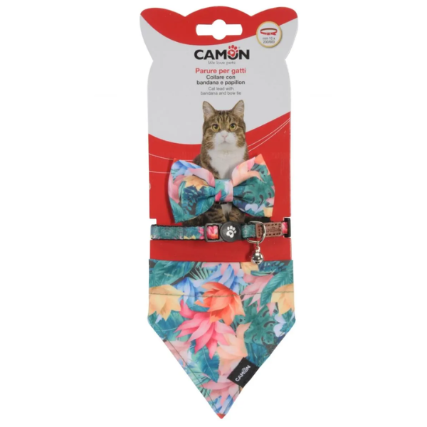 CAT COLLAR W/BANDANA+BOW TROPICAL