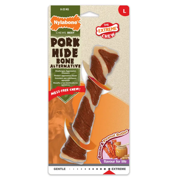 NYLABONE EXTREME CHEW PORKHIDE BONE BACON AND PEANUT BUTTER L