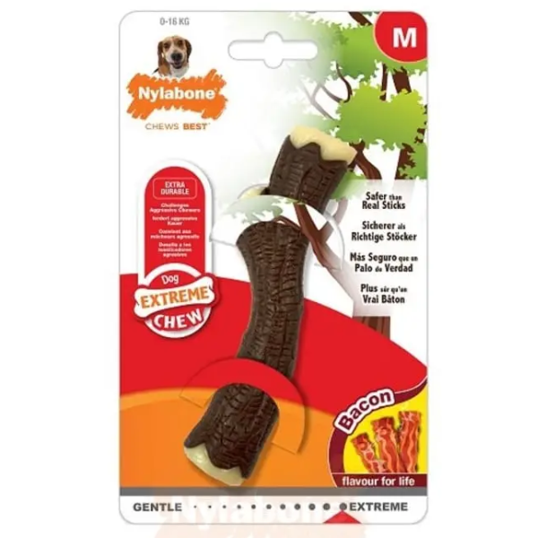 NYLABONE EXTREME CHEW WOODEN STICK BACON MEDIUM