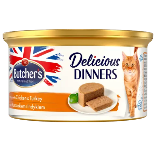 BUTCHER'S DELICIOUS DINNERS CHICKEN AND TURKEY MOUSSE 85G