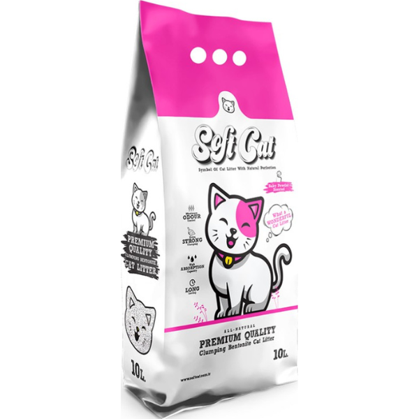 SOFT CAT LITTER WHITE BABY POWDER SCENTED+PINK GRANULES 10L