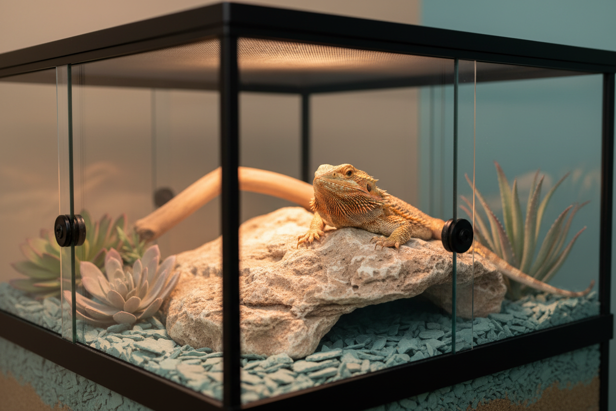 Bearded dragon resting on a natural rock inside a beautifully styled modern terrarium, warm neutral lighting, soft beige and muted teal tones, premium pet brand photography, clean ecommerce category banner style, ultra realistic, no text, no logos
