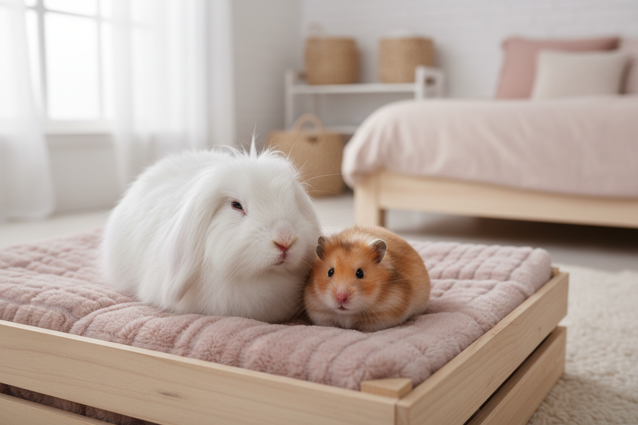 Cute fluffy rabbit and hamster sitting together on soft bedding in a clean modern indoor home setting, pastel nude and dusty rose color palette, soft natural lighting, premium pet ecommerce banner look, cozy but minimal, ultra realistic, no text, no logos