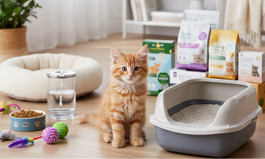 Happy kitten sitting next to a litter tray and kitten essentials, bright cozy home, clean background, centered subject, soft natural light, commercial product photo, square composition
