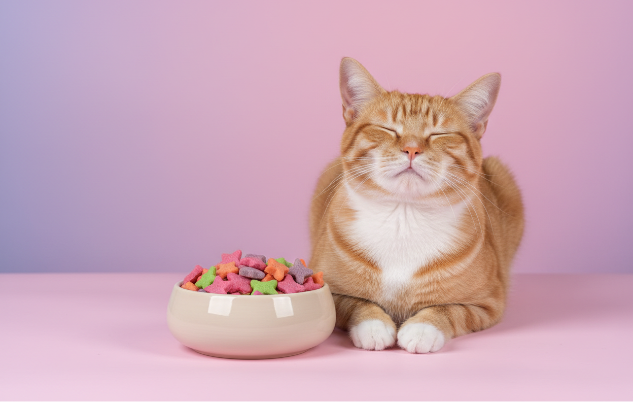 Modern pet retail product display. A curious cat looking at a bowl of cat treats with interest, ears relaxed and eyes soft. Neutral pastel gradient background matching Daisy’s Pet Shop branding. Studio lighting, sharp focus on cat and treats, minimalist composition, realistic photography, homepage banner style.