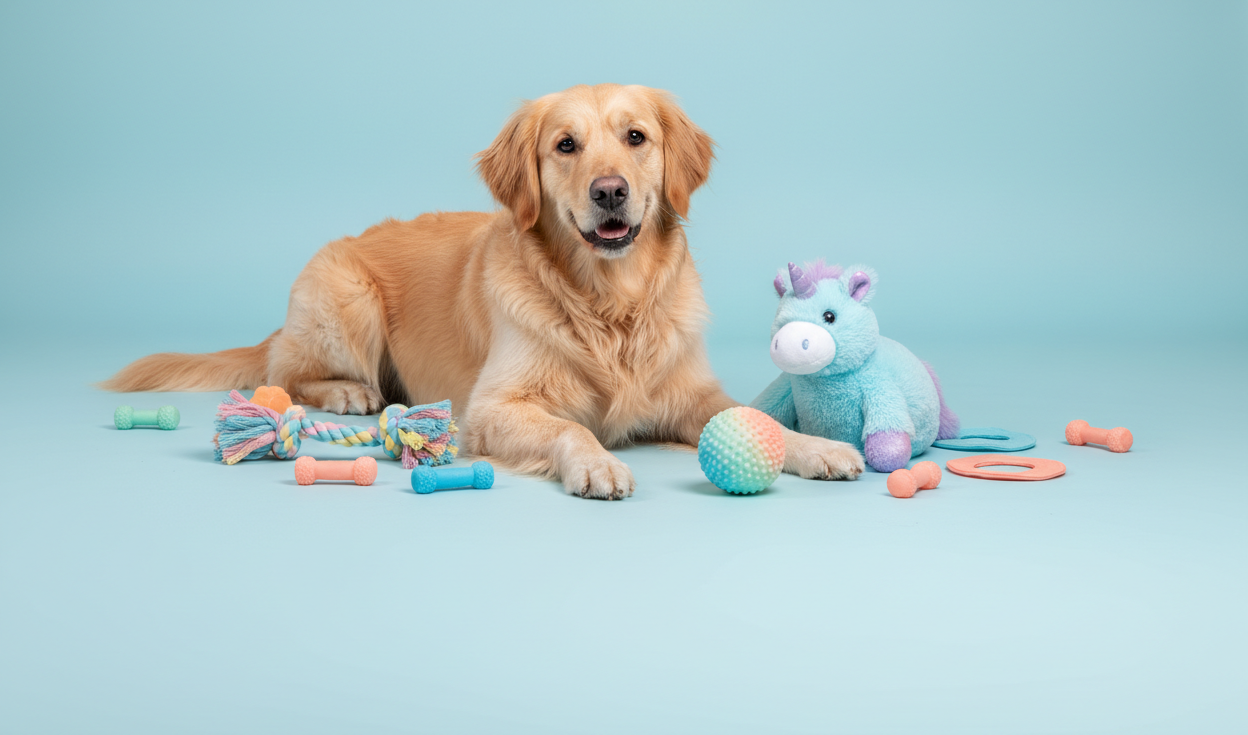 Modern pet shop banner image in a blue-themed palette (baby blue, pastel blue, subtle teal accents).
A playful dog lying or sitting with dog toys (rope toy, plush toy, ball), looking curious and relaxed.
Soft pastel blue background, clean and minimal, bright but not harsh.
Balanced composition designed for a wide banner grid, with open space at the bottom for text overlay, no text included.
Professional studio-style lighting, realistic fur texture, friendly and playful mood, premium online pet store look.
