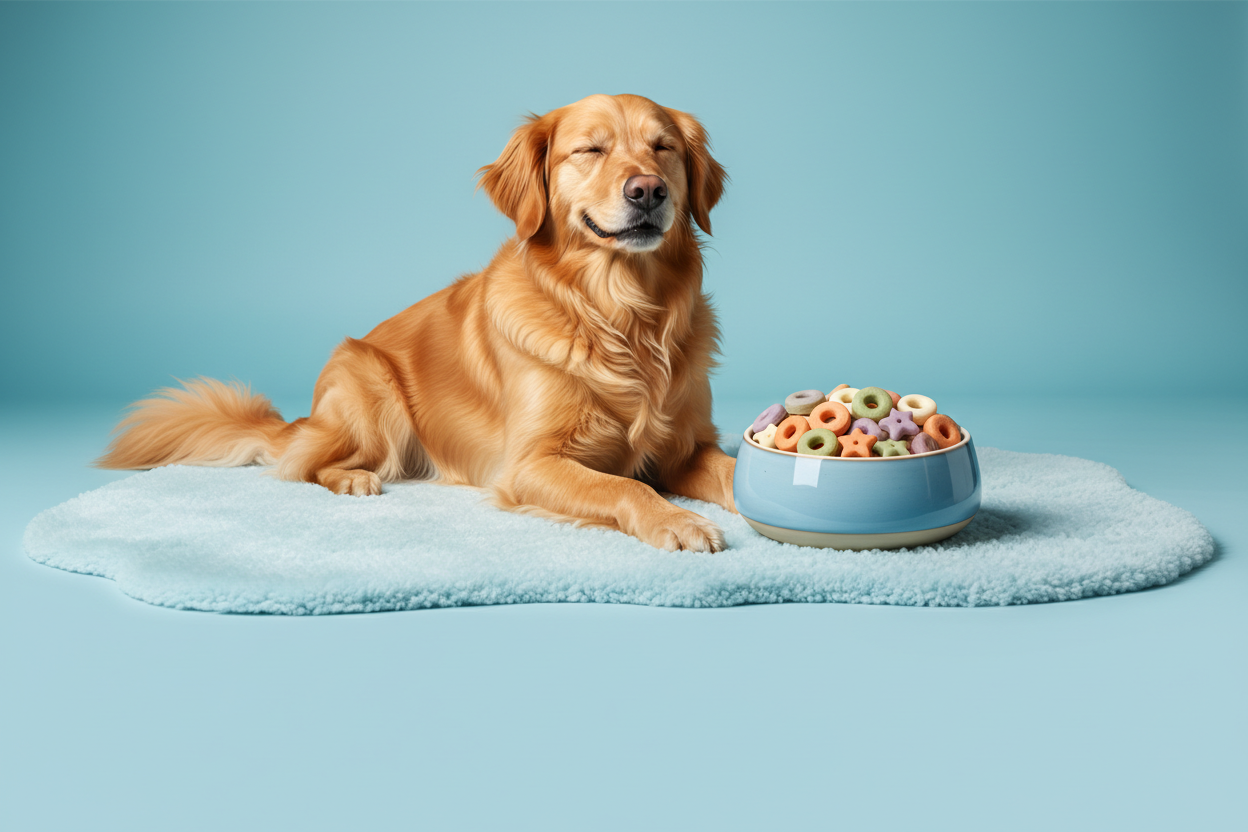 Modern pet shop banner image in a soft blue color palette (powder blue, sky blue, light teal), clean and premium style.
A happy dog sitting calmly beside a bowl of colorful dog treats, looking content and satisfied.
Soft studio lighting, minimal background with a smooth blue gradient, cozy and inviting mood.
Composition framed for a banner grid, with clear space at the bottom for text overlay, no text in the image.
High-quality photography style, realistic details, warm and trustworthy pet shop aesthetic,