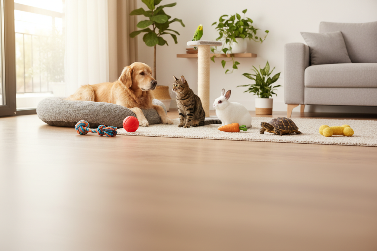 Same scene and same animals as the previous image — golden retriever on a dog bed, tabby cat, white rabbit, turtle, and green budgie — but now add clear pet accessories. Place a few colourful dog and cat toys on the floor (rope toy, rubber ball, plush toy), a scratching post beside the cat, and a small rabbit chew toy near the rabbit. Keep plants in the background but reduce them so the room looks like a pet home, not a plant shop. Maintain the warm indoor lighting and ensure all animals and accessories rem