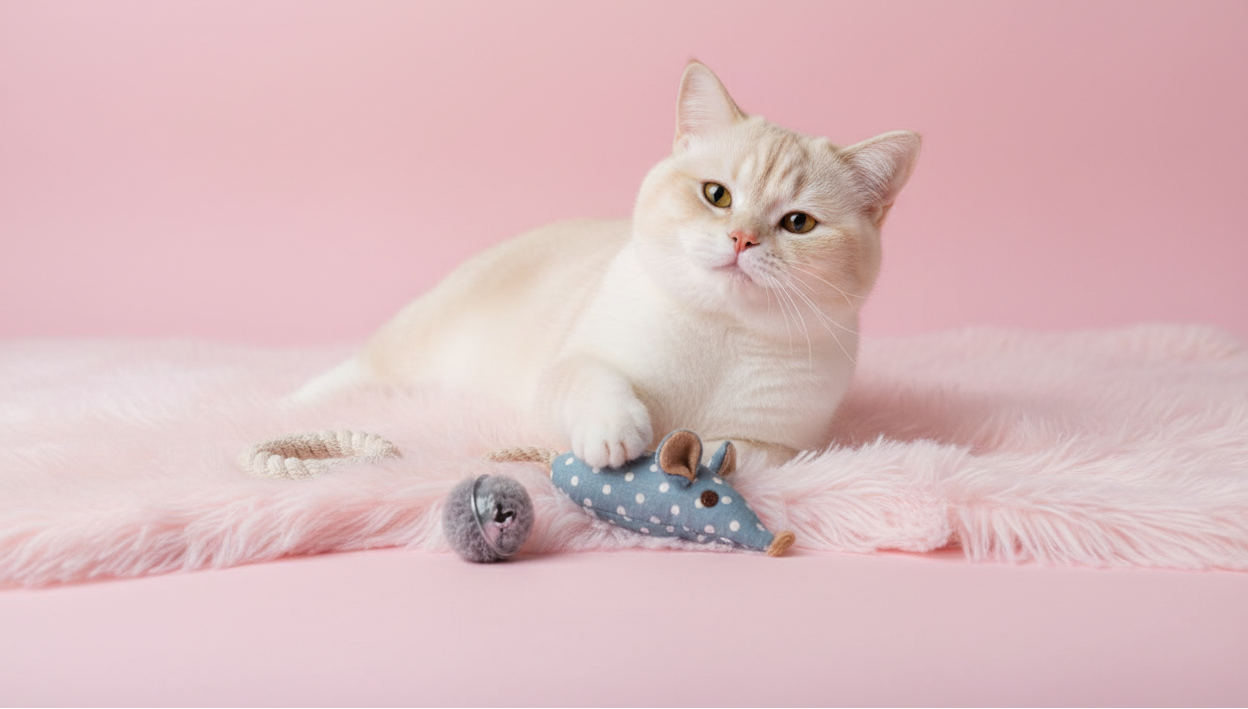 Studio-style pet shop banner with a soft pastel pink background matching Daisy’s Pet Shop branding. A relaxed, happy cat with a gentle expression interacting with simple cat toys such as a small ball and fabric mouse. Clean composition, toys neatly placed in the foreground. Bright, even lighting, minimalist commercial photography, no home interior, no seasonal elements, no logos. Space at the bottom for text overlay.