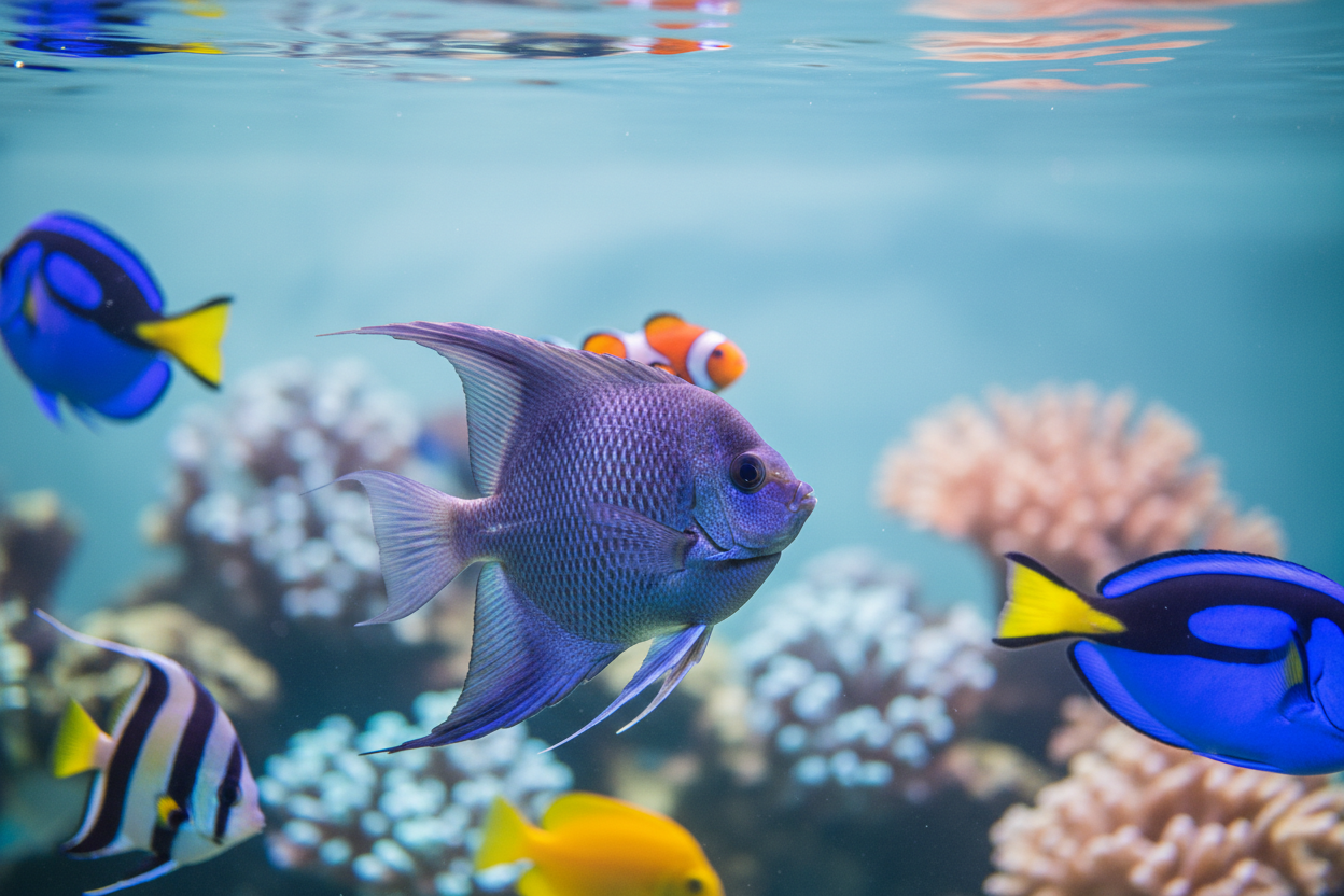 Ultra-realistic close-up of colorful tropical aquarium fish swimming in crystal clear water, sharp focus on fish details, soft blurred coral background, pastel blue and soft peach tones, premium pet shop branding style, clean modern ecommerce banner look, shallow depth of field, cinematic lighting, no text, no logos, no hands, no people